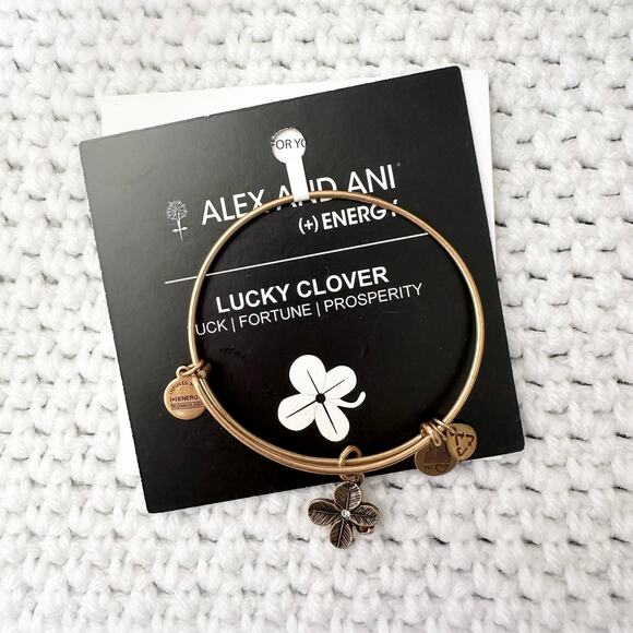 Alex and Ani Lucky Clover Brass Gold Charm Bracelet New in Box - Picture 2 of 4